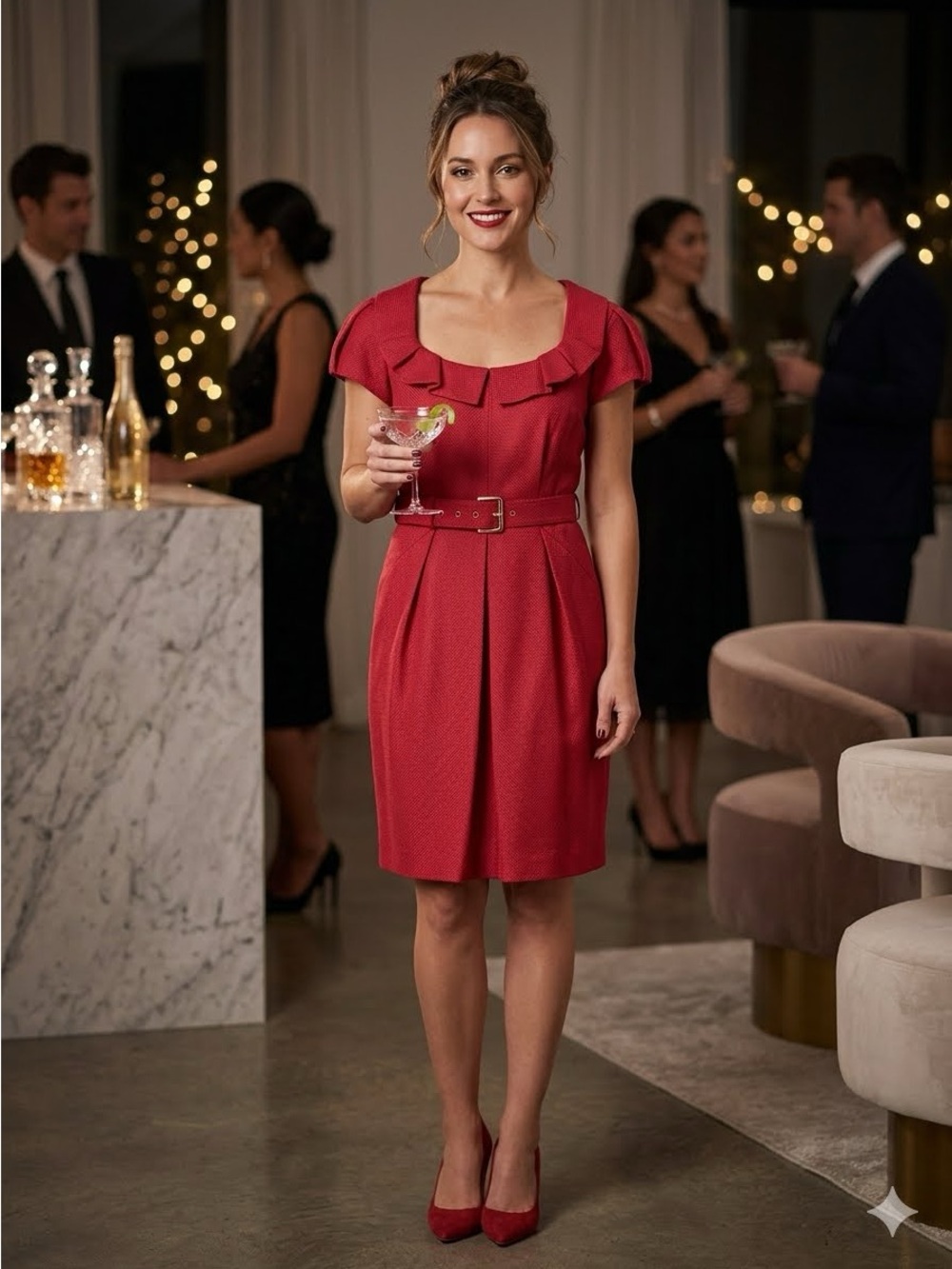 Kay Unger Red Silk Ruffled Square-Neck Belted Midi Dress Size 6